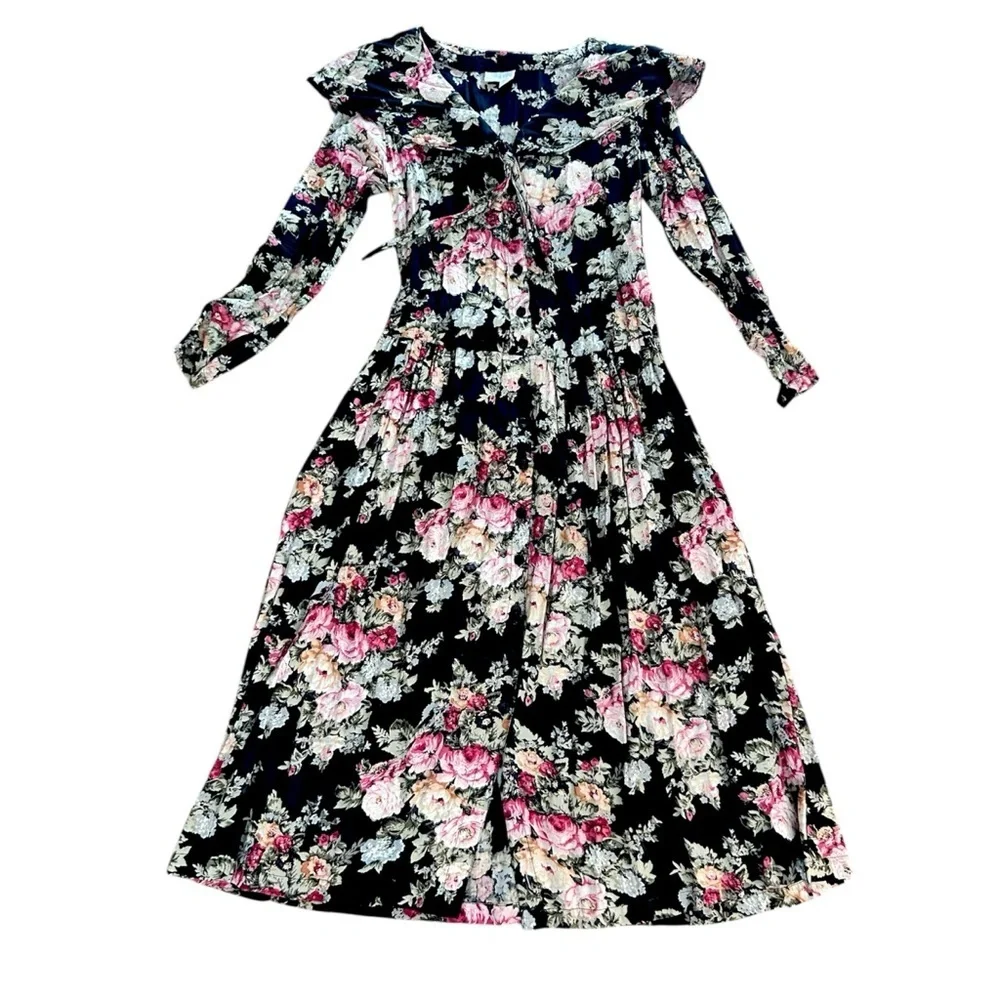 Vintage 90s Cottagecore Dark Floral Sailor Collar Midi Dress Size 7/8